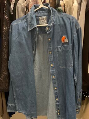 Lee Blue Denim Button-Down Shirt with Orange Patch 👵🏼MT
